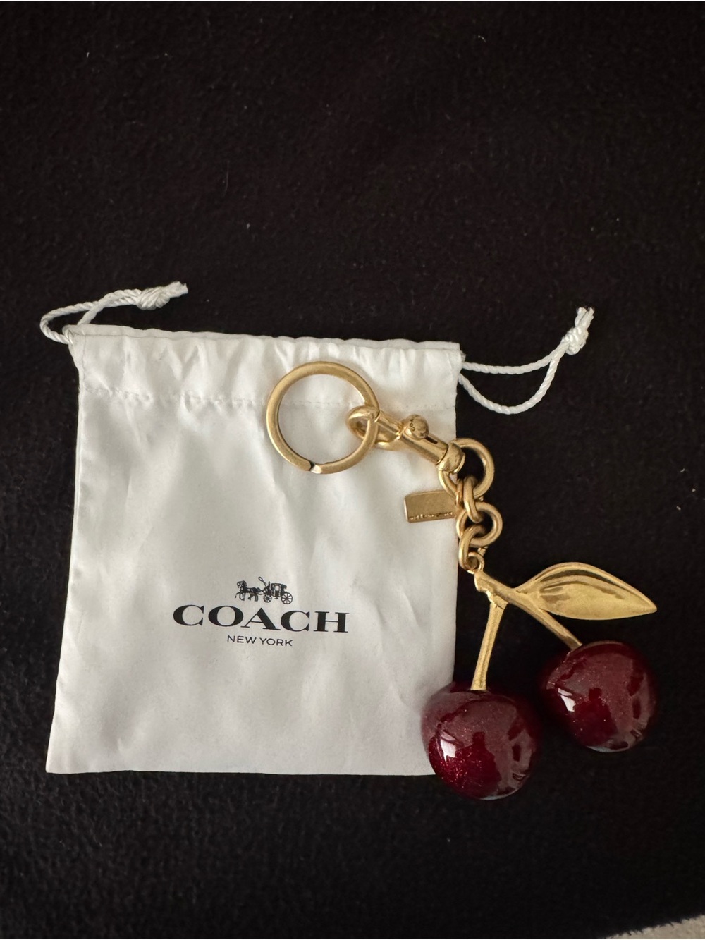 Coach Gold Hardware Cherry Keychain with Burgundy Enamel